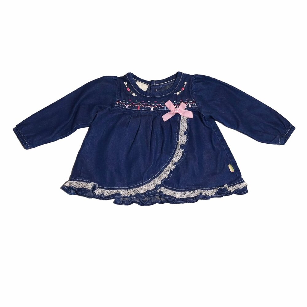 Duck Duck Goose Baby Girl Denim Tunic Top Pink Bow Lace Trim 6-9 Months